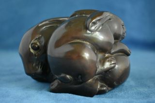 Antique Or Vintage Signed T Japanese Heavy Bronze Rabbits Mother & Baby