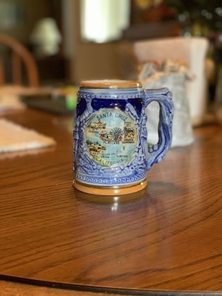 Vtg Santa Cruz California Blue Mid - Century Ceramic Beer Stein Mug Cup Embossed