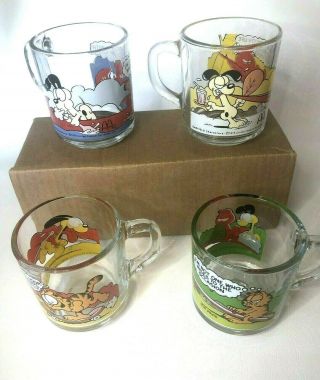 4 Vintage Garfield Mcdonalds Glass Coffee Cups Mugs 1978 - 1980 Jim Davis