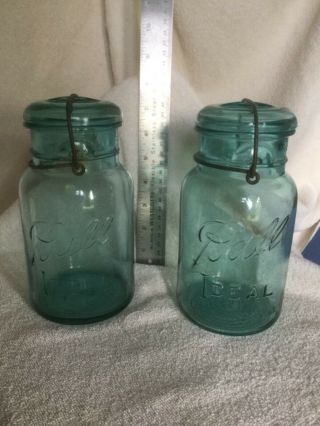 Vintage 2 Pint Blue Ball Ideal Mason Glass Canning Jar W Wire Bail & Glass Lid