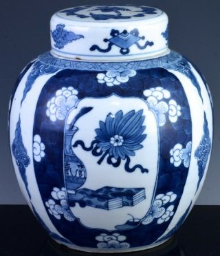 Large 19thc Chinese Qing Dynasty Blue White Prunus & Precious Objects Jar Vase