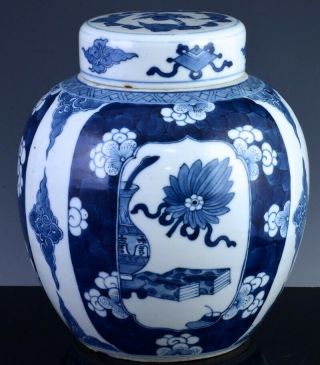 LARGE 19THC CHINESE QING DYNASTY BLUE WHITE PRUNUS & PRECIOUS OBJECTS JAR VASE 5