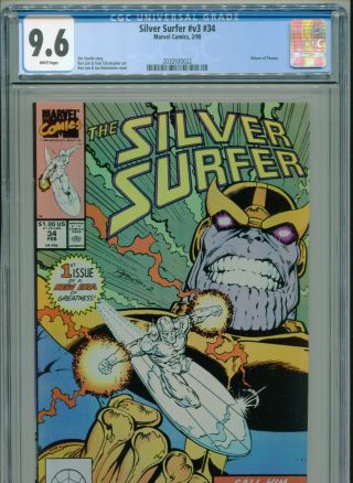 1990 Marvel Silver Surfer V3 34 Return Of Thanos Jim Starlin Cgc 9.  6 White Box2
