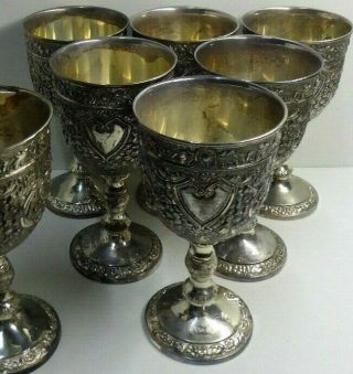 Set Of 8 Decorative Silver Plate Metal Wine Goblets Ornate Engraved Chalice