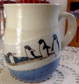 Handmade Ceramic Pottery Penguin Coffee Mug Cup Beige Blue Glaze Studio Art