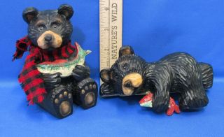 Oung Black Bear Figurines Red & Black Scarf & Bear Lying Down Holding Fish