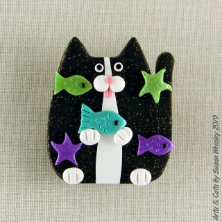 Medium Glittery Black Tuxedo Kitty Cat & Fish Pin - Swris