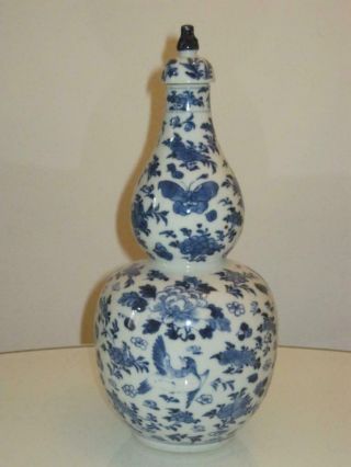 Stunning 19th Century Chinese Kangxi Blue & White Double Gourd Lidded Vase
