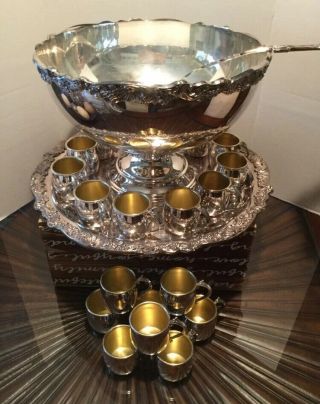F B Rogers Ornate Punch Bowl 20 Cups Tray Heavy Silver Plated Pedestal Set Ladle