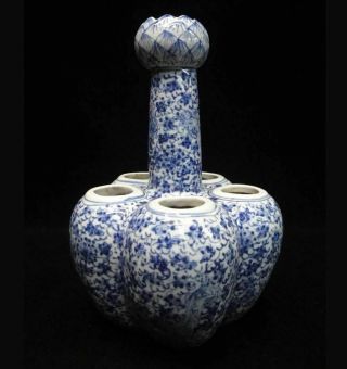Rare Old Chinese Blue And White Five Tubes Lotus Porcelain Vase Marked " Kangxi "