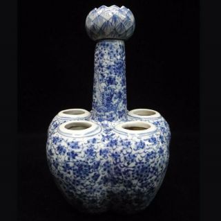 Rare Old Chinese Blue and White Five Tubes Lotus Porcelain Vase Marked 