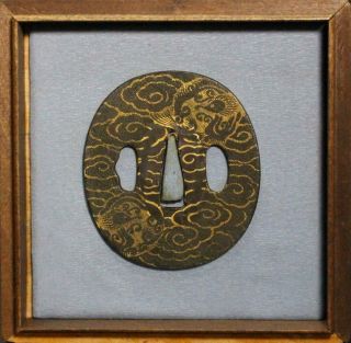 Ti38 Japanese Antique Bronze Dragon Pattern Nanakoji Tsuba W/box Sword Inro