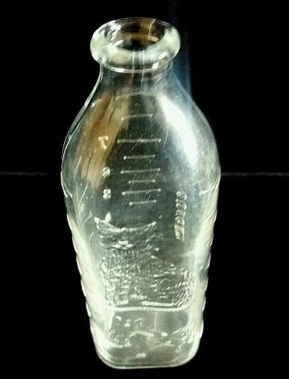 Vintage Clear Glass Baby Bottle 8oz Flat Sides Embossed Cat