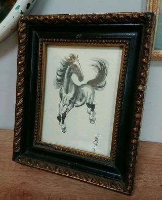 Vintage Early Chinese Signed Ink Art Horse Picture Galloping Antique Frame Black
