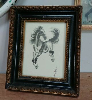 VINTAGE EARLY CHINESE SIGNED INK ART HORSE Picture galloping ANTIQUE FRAME BLACK 2