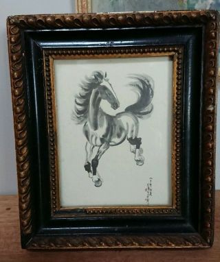 VINTAGE EARLY CHINESE SIGNED INK ART HORSE Picture galloping ANTIQUE FRAME BLACK 4