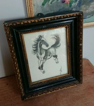 VINTAGE EARLY CHINESE SIGNED INK ART HORSE Picture galloping ANTIQUE FRAME BLACK 5