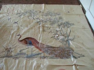 ANTIQUE CHINESE QING DYNASTY EMBROIDERY EMBROIDERED LARGE PEACOCK BANNER SIGNED 12