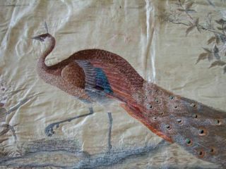 Antique Chinese Qing Dynasty Embroidery Embroidered Large Peacock Banner Signed