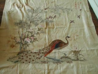 ANTIQUE CHINESE QING DYNASTY EMBROIDERY EMBROIDERED LARGE PEACOCK BANNER SIGNED 8