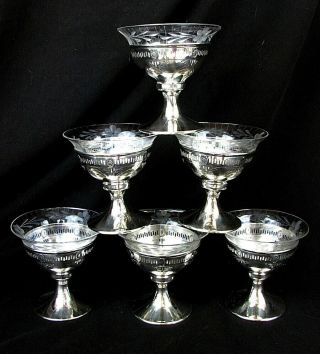 7 Wallace Sterling Sherbet,  Dessert,  Ice Cream Dishes W Cut Glass Liners C.  1920