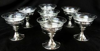 7 WALLACE STERLING SHERBET,  DESSERT,  ICE CREAM DISHES w CUT GLASS LINERS c.  1920 2