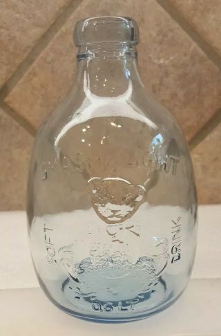 Vintage Shoei Glass Soda Bottle Smash & Light Embossd Teddy Bear.  6 Lt Blue Tint