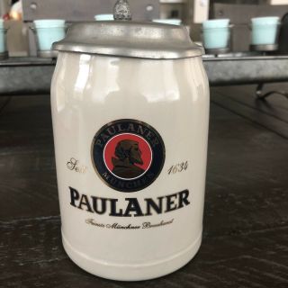 Paulaner Advertising Stoneware Beer Mug Stein 0.  5l Half Liter With Lid