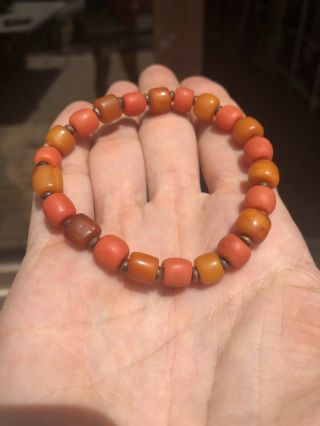 Antique Chinese Natural Baltic Amber And Undyed Old Natural Coral Beads Bracelet 10