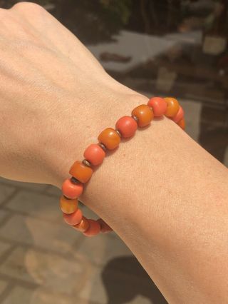 Antique Chinese Natural Baltic Amber And Undyed Old Natural Coral Beads Bracelet 11