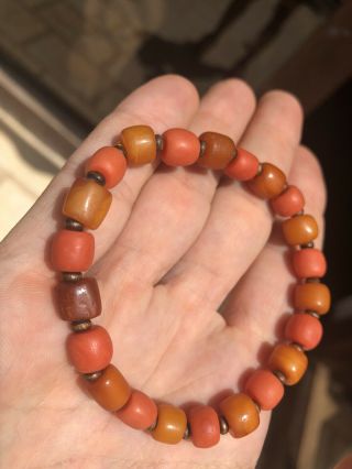 Antique Chinese Natural Baltic Amber And Undyed Old Natural Coral Beads Bracelet 9