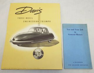 2 Old Antique Automobile Brochures General Motors Davis Three Wheel Car