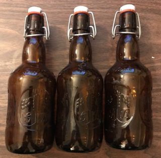 3 Empty Vintage Brown Grolsch Lager Beer Bottles With Porcelain Caps