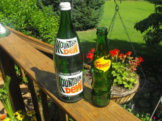 2 Vintage Soda Bottles 10 Oz Squirt & 32 Oz Mountain Dew Green Glass