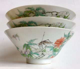 3 Antique Chinese Famille Rose Grasshopper & Flower Bowls Great Provenance