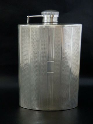 Rare Large Art Deco Sterling Solid Silver Hip Flask,  Engine Turned,  Very Heavy