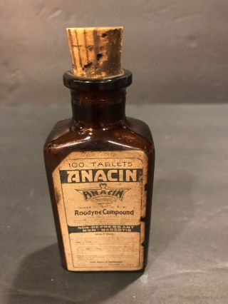 Vintage Old Anacin 100 Tablet Brown Glass Bottle 1/4 Full Label Cork Anodyne