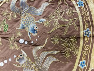 Antique vintage Chinese Embroidered Silk Robe Panel Gilt Thread Textile Fish 7