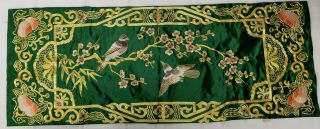 Antique Vintage Chinese Silk Embroidery Birds Peaches Gilt Gold Thread Textile