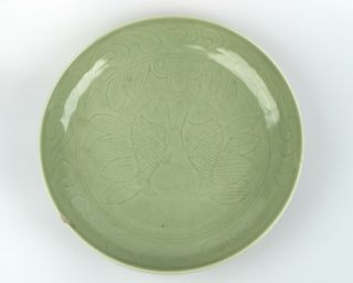 Antique / Vintage Chinese Celadon Glazed Porcelain Fish Dish With Guangxu Mark