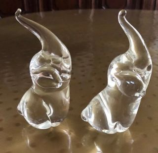 Vintage Clear Glass Sitting Elephant Figure Paperweight Trunk Raised Set Of 2