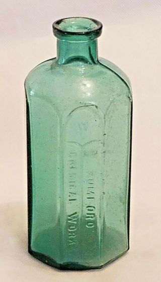 Vtg.  Antique Teal Blue Rumford Chemical Glass Medicine Bottle 8 Sides