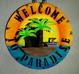 Metal Welcome To Paradise Tin Sign Garden Home Decor Man Cave Beach Palm Trees