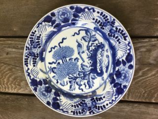 Estate Pair Antique Chinese Blue White Porcelain Dishes Chrysanthemums Birds 2