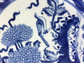 Estate Pair Antique Chinese Blue White Porcelain Dishes Chrysanthemums Birds 3
