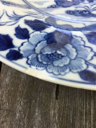 Estate Pair Antique Chinese Blue White Porcelain Dishes Chrysanthemums Birds 9