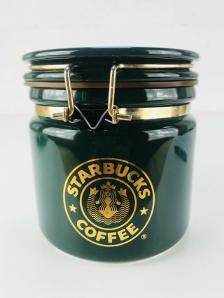 Starbucks Coffee Dark Green Latched Canister Ceramic Container Holiday Jar