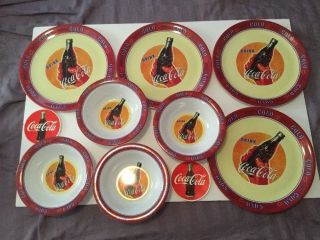 Gibson Drink Coca Cola Set 4 Plastic Plates - 10 - 1/2 " & 4 Bowls,  2 Coasters