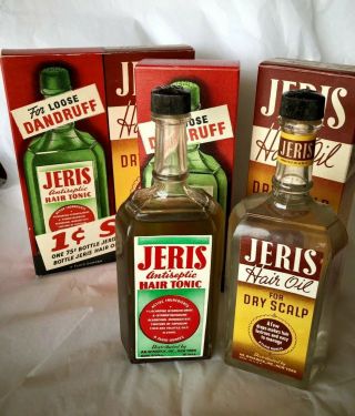 Set Of 2 Vintage Jeris Hair Tonic & Oil Barber Bottles Full Nos,  Double Boxes