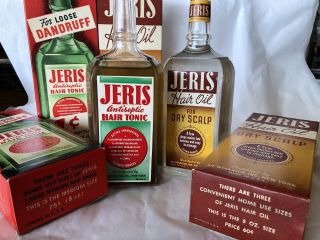 Set of 2 Vintage JERIS Hair Tonic & Oil Barber Bottles FULL NOS,  Double Boxes 2